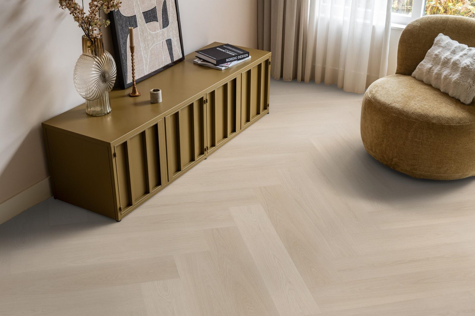 Ambiant pvc visgraat plak Spigato XL Soleno Beige – sfeerfoto
