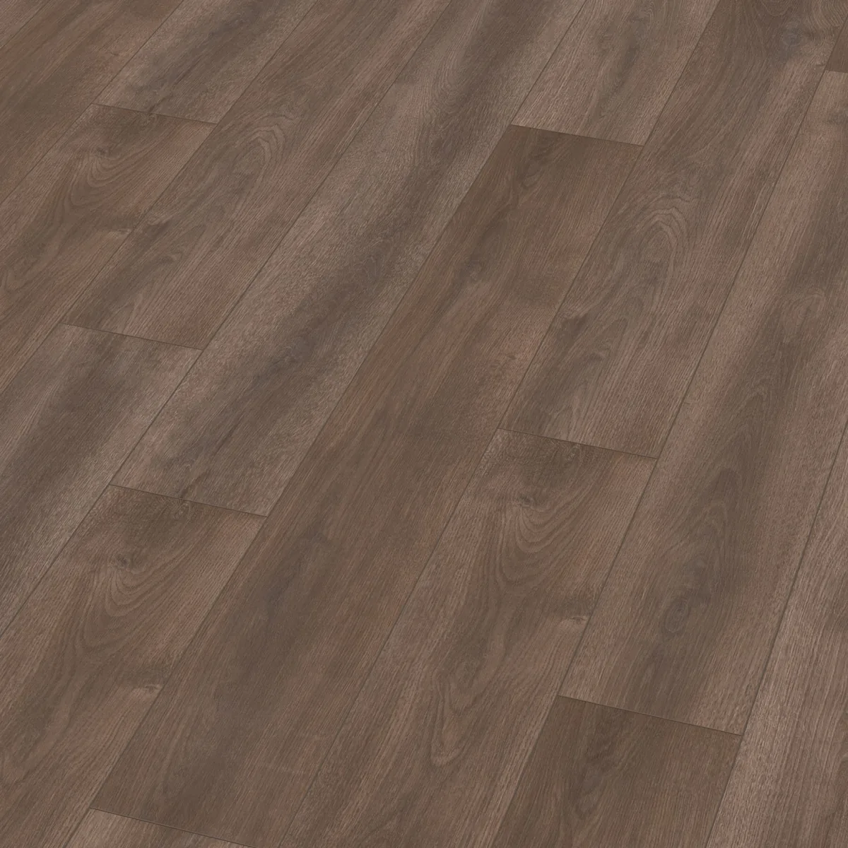 Woodside / Sunny oak donkerbruin eiken, laminaat schuin van boven, met de naden tussen de planken zichtbaar
