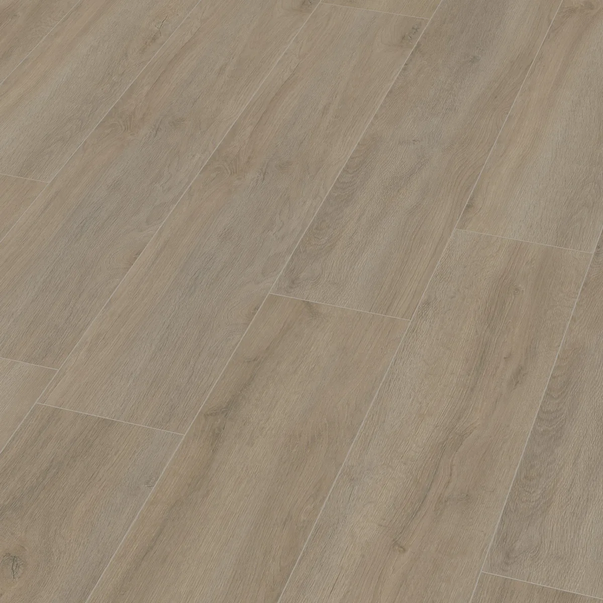 Norwood / Prestige oak grijsbruin eiken, laminaat schuin van boven, met de naden tussen de planken zichtbaar