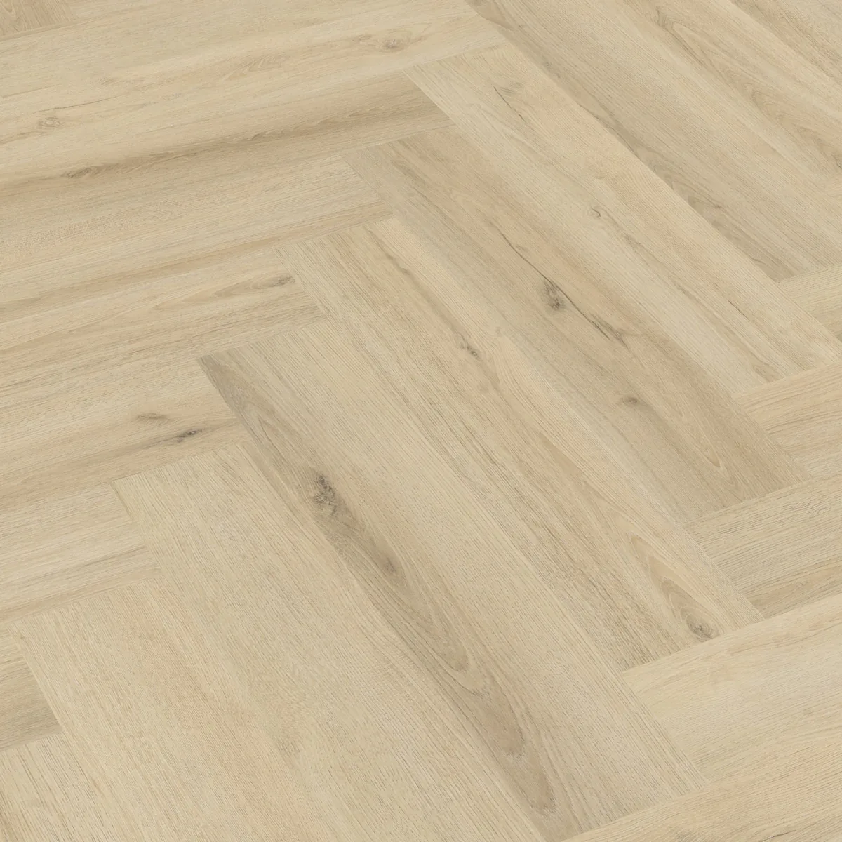 Greenford / Valento Warm beige, visgraat plak pvc schuin van boven, met het verspringende legverband in beeld