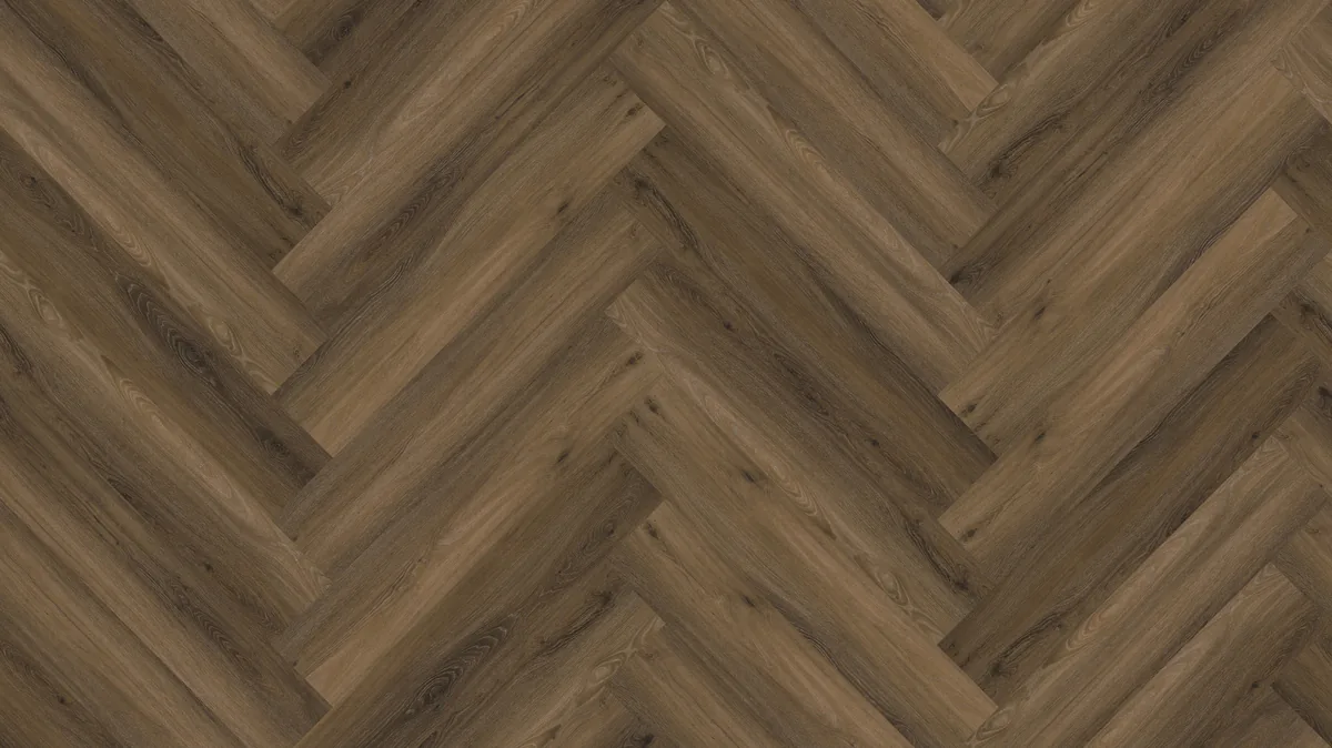 YUP / Spigato Warm brown, visgraat klik pvc van dichtbij, de houtnerf in beeld