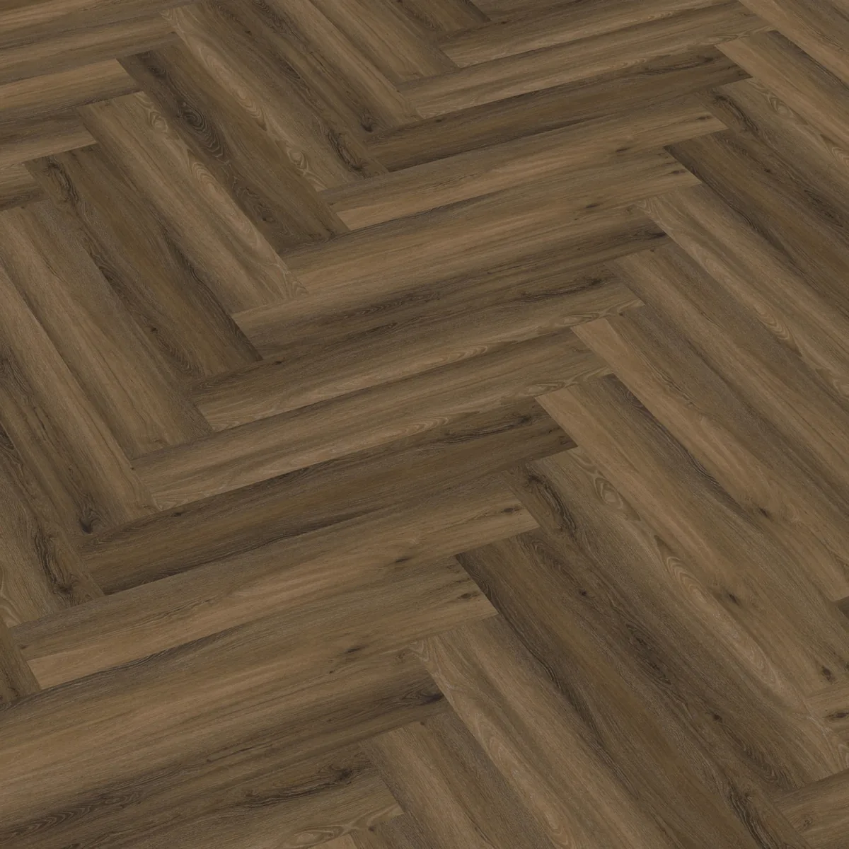 YUP / Spigato Warm brown, visgraat klik pvc schuin van boven, met het verspringende legverband in beeld