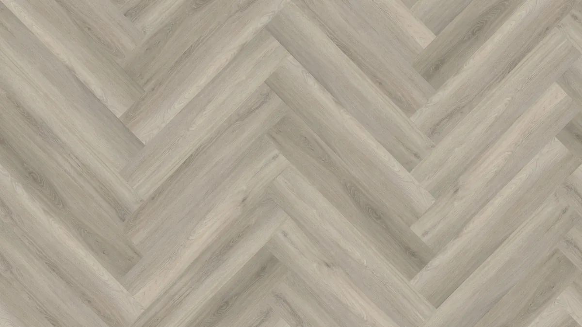 YUP / Spigato Grey, visgraat klik pvc van dichtbij, de houtnerf in beeld