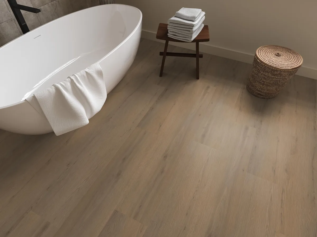 Barnet / Venera Dark oak, klik pvc in een badkamer, met een vrijstaand bad en een rieten wasmand