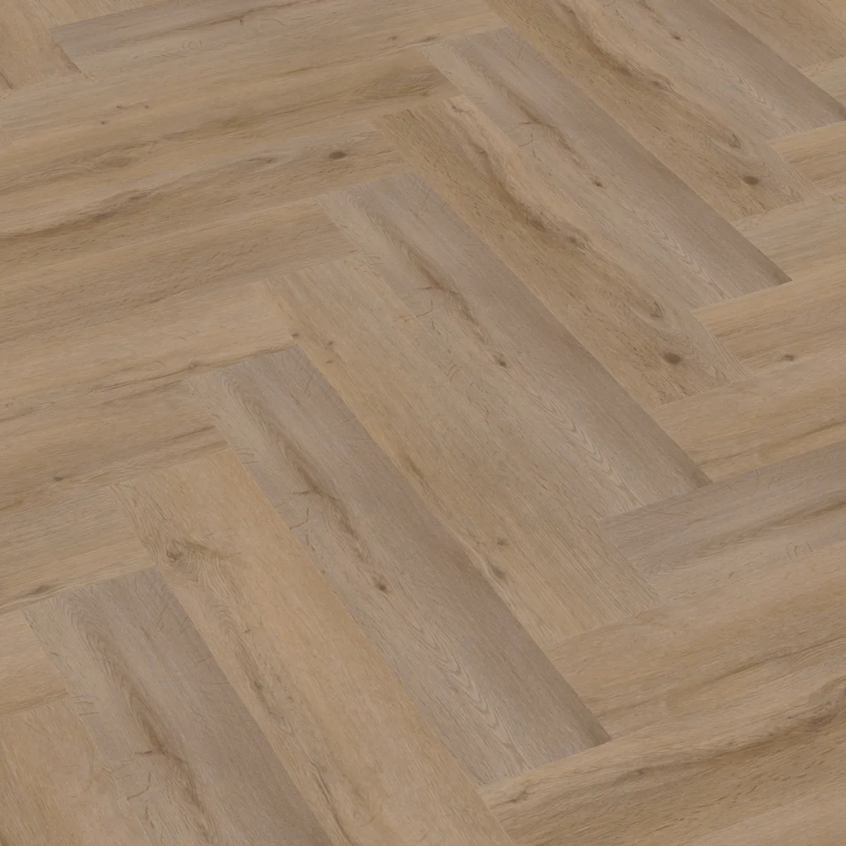 Leyton / Vivero Smoky, visgraat klik pvc schuin van boven, met het verspringende legverband in beeld