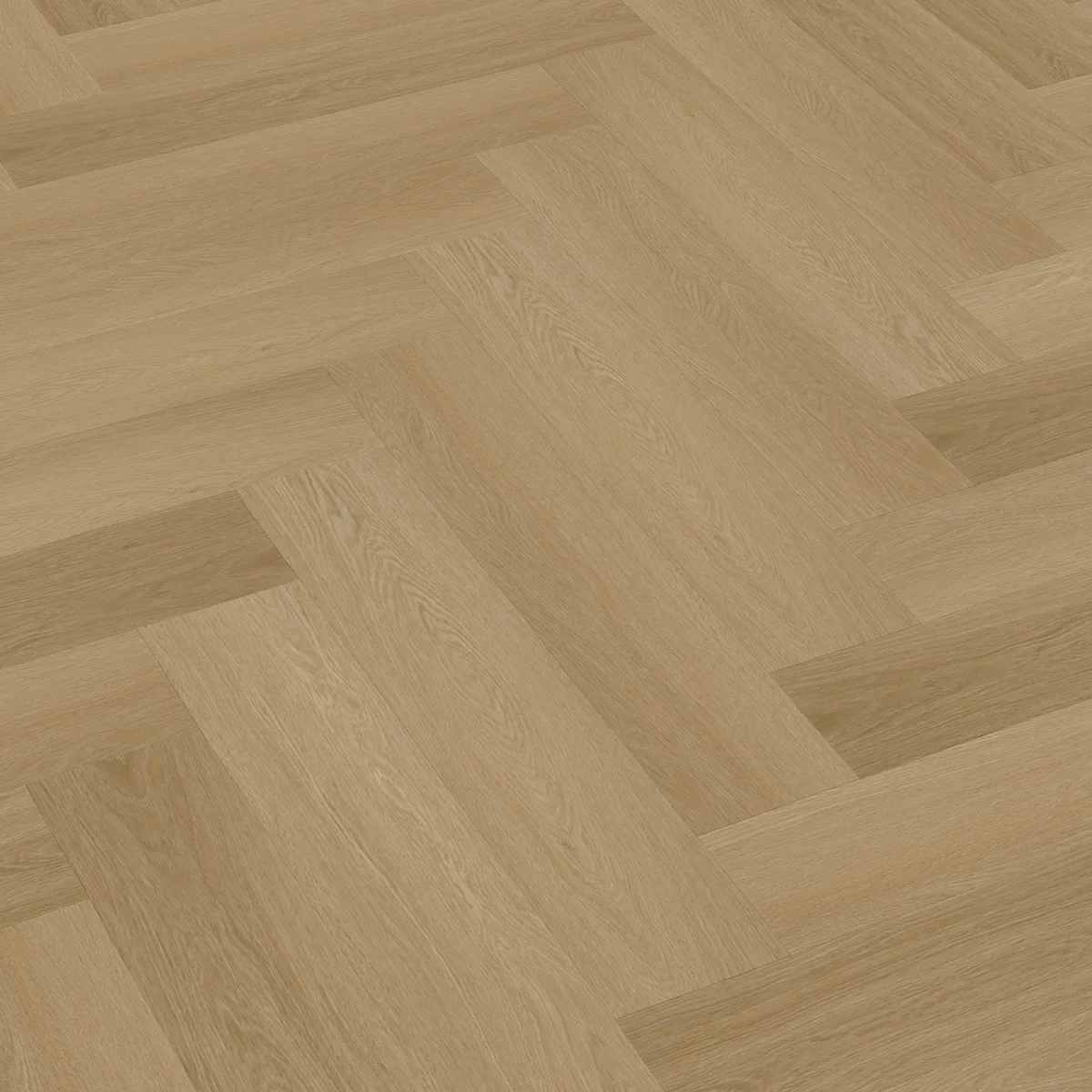 Fulham / Estino Warm oak, visgraat klik pvc schuin van boven, met het verspringende legverband in beeld