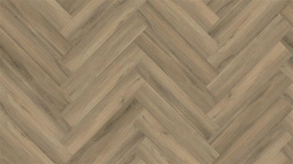YUP / Spigato light brown, visgraat plak pvc van dichtbij in een hoek, met een wit stoeltje en een koperen bijzettafel