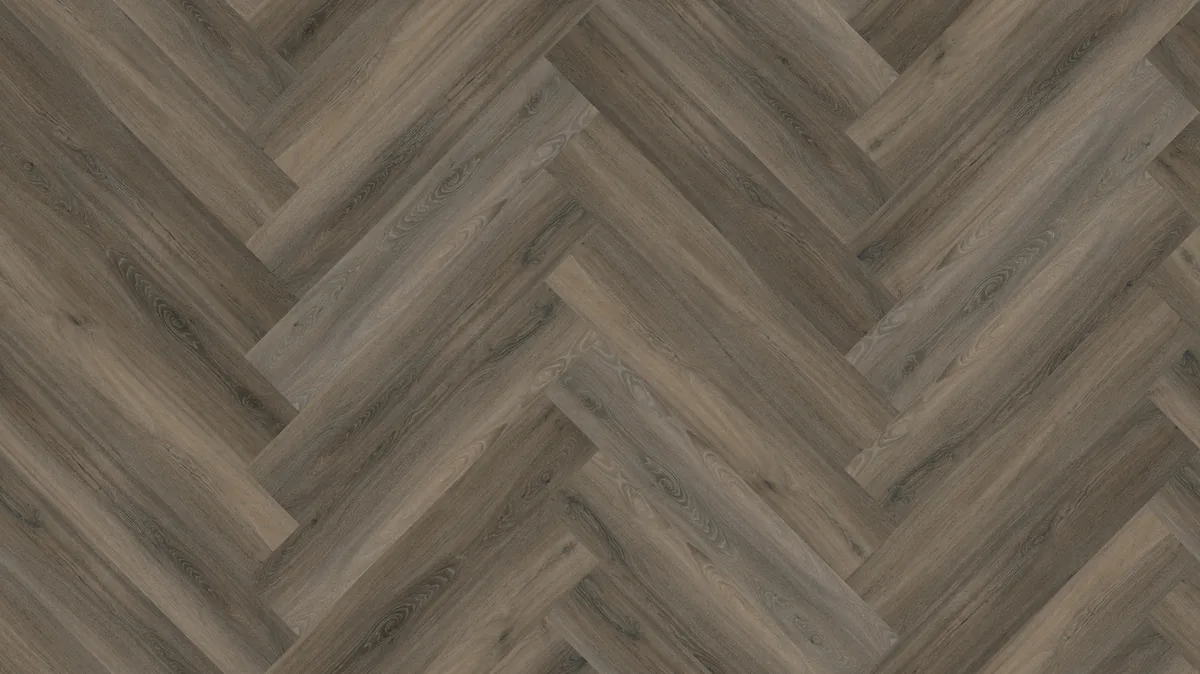 YUP / Spigato dark grey, visgraat plak pvc van dichtbij, de houtnerf in beeld